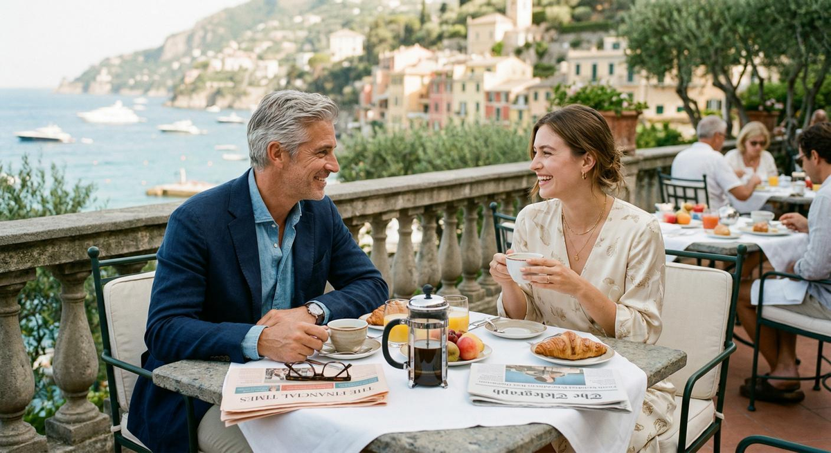 Escort Vacation Companion: Breakfast on a Hotel Terrace Escort Vacation Companion: Breakfast on a Hotel Terrace