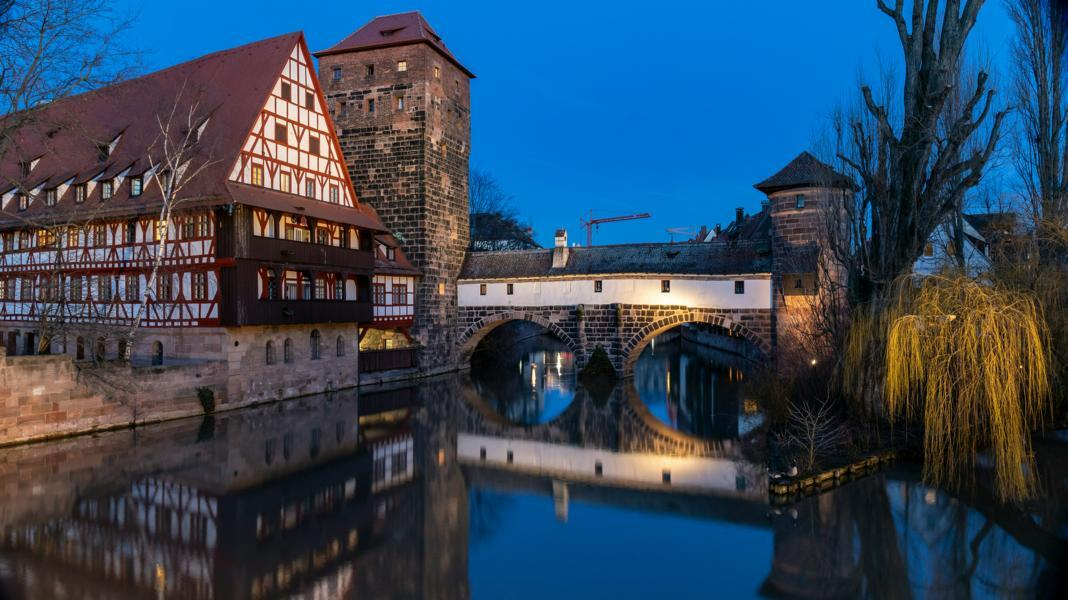 Nuremberg Old Town at Night - Weinstadle and Henkersteg on the Pegnitz Nuremberg Old Town at Night - Weinstadle and Henkersteg on the Pegnitz