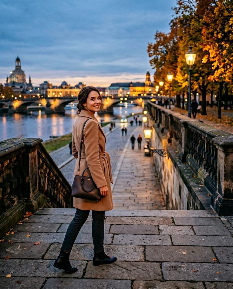 Escort Walk Dresden - Brühlsche Terrasse with Elbe and Old Town in Autumn Escort Walk Dresden - Brühlsche Terrasse with Elbe and Old Town in Autumn